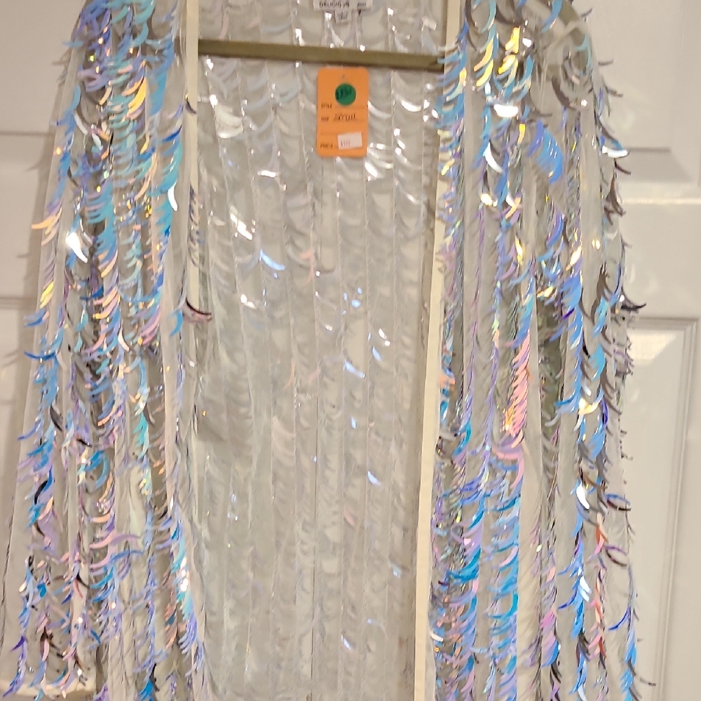 Iridescent Sequin Fringe Kimono Jacket - White